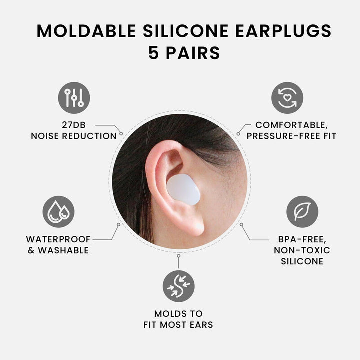 LYSIAN moldable silicone earplugs 5 pairs, 27dB noise reduction, waterproof, BPA-free, pressure-free fit