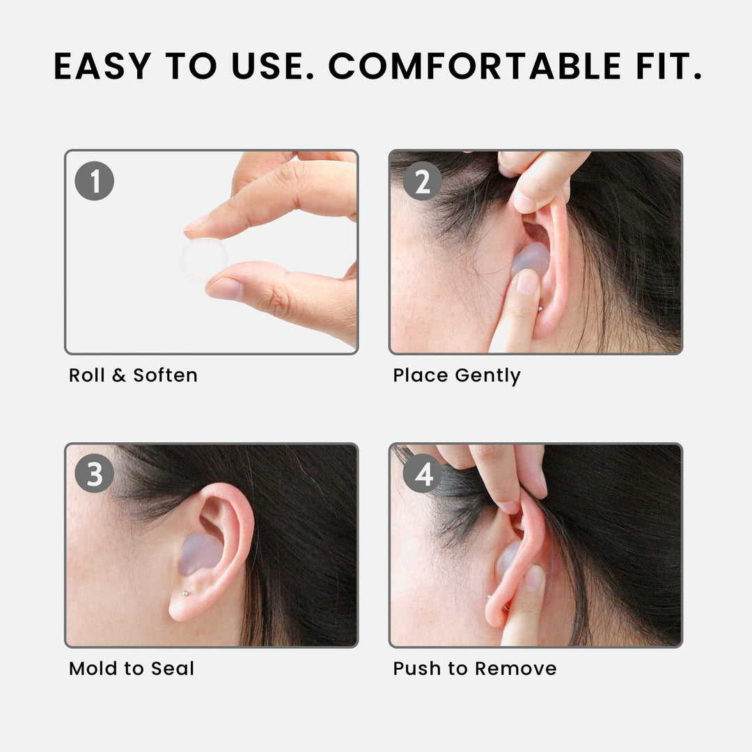 LYSIAN moldable silicone earplugs easy use guide, roll, place, mold to seal and push to remove