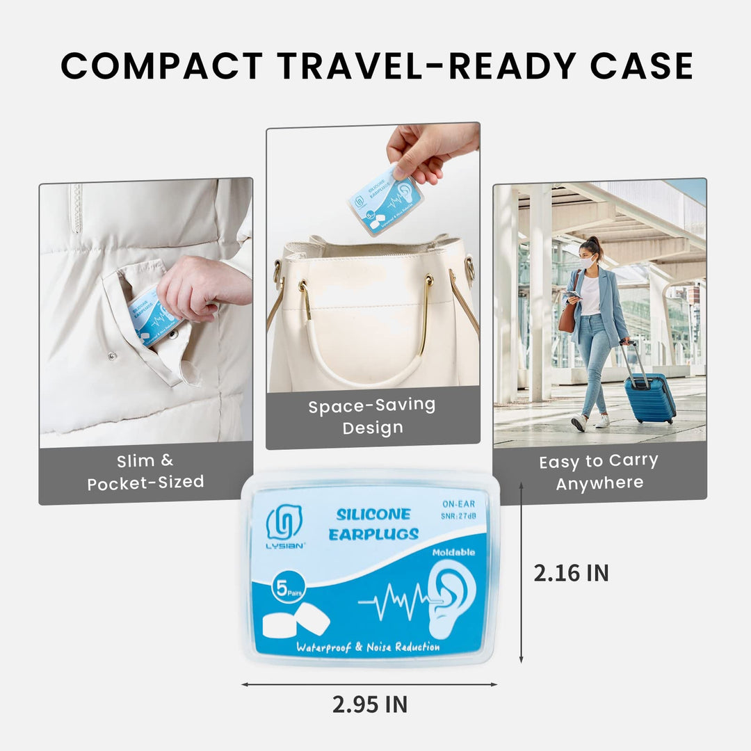 LYSIAN moldable silicone earplugs with compact travel-ready case, slim pocket-sized 5 pairs