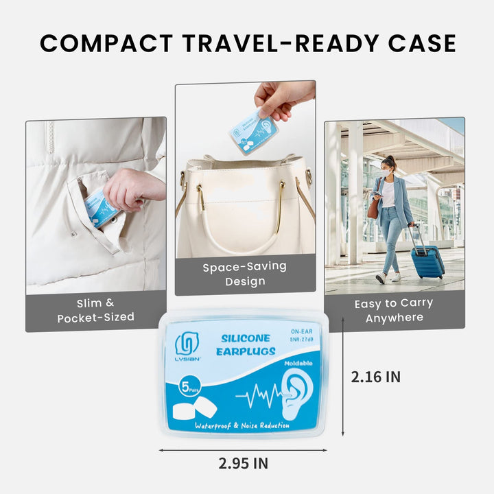 LYSIAN moldable silicone earplugs with compact travel-ready case, slim pocket-sized 5 pairs