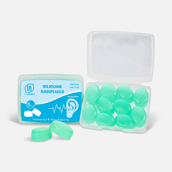 LYSIAN green silicone moldable earplugs with open storage case and retail packaging, 5 pairs, waterproof and reusable