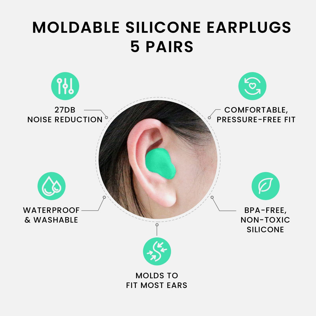 LYSIAN moldable silicone earplugs 5 pairs, 27dB noise reduction, waterproof, BPA-free, pressure-free fit