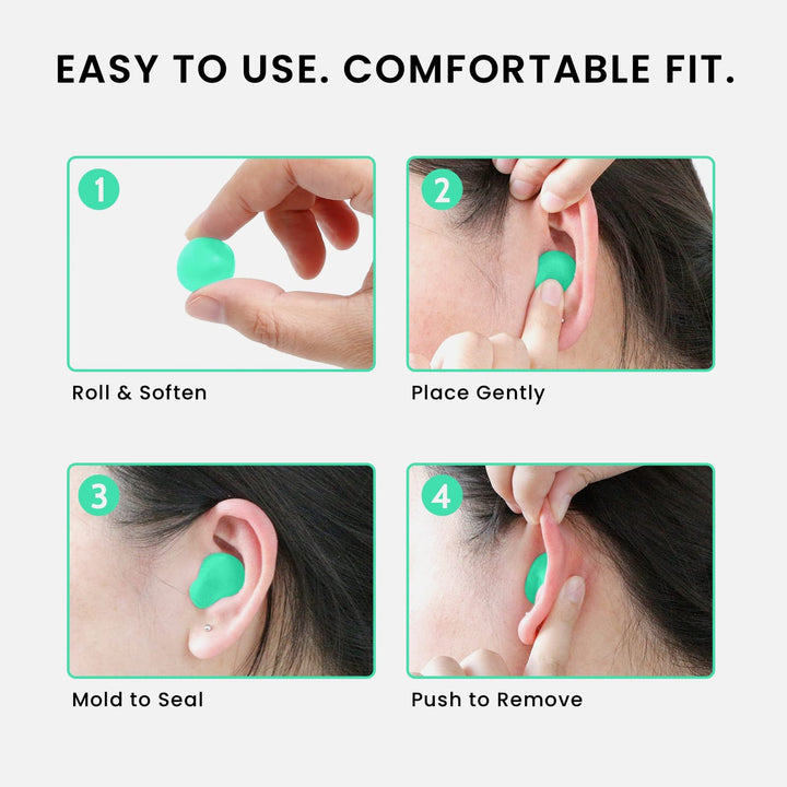 LYSIAN moldable silicone earplugs easy use guide, roll, place, mold to seal and push to remove