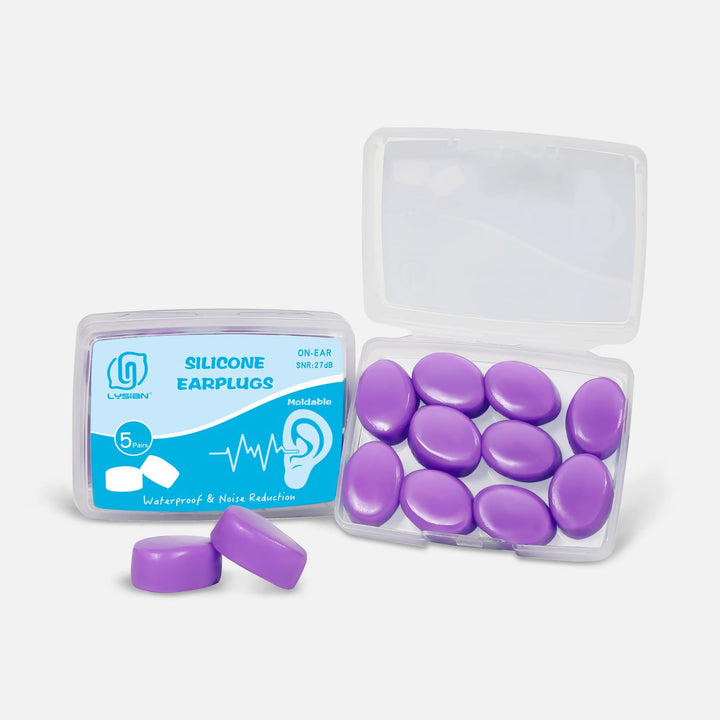 LYSIAN purple silicone moldable earplugs with open storage case and retail packaging, 5 pairs, waterproof and reusable
