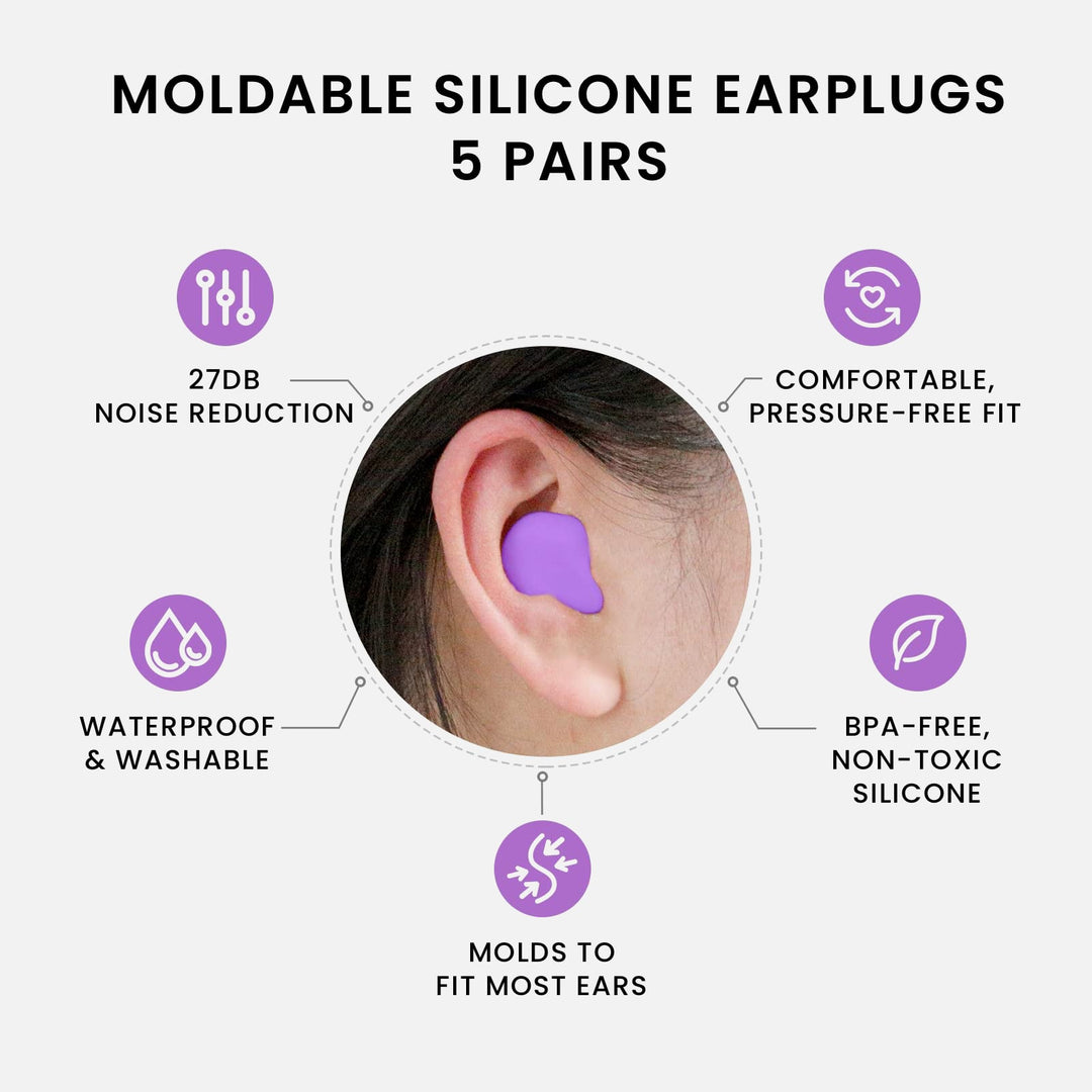 LYSIAN moldable silicone earplugs 5 pairs, 27dB noise reduction, waterproof, BPA-free, pressure-free fit