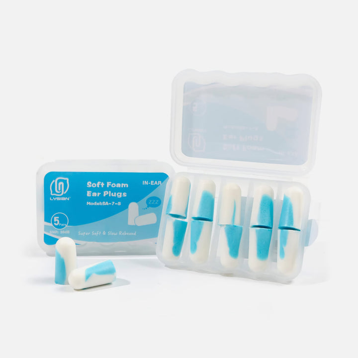 LYSIAN ultra soft foam earplugs blue white 5 pairs with case, comfortable noise reduction for sleep travel and study