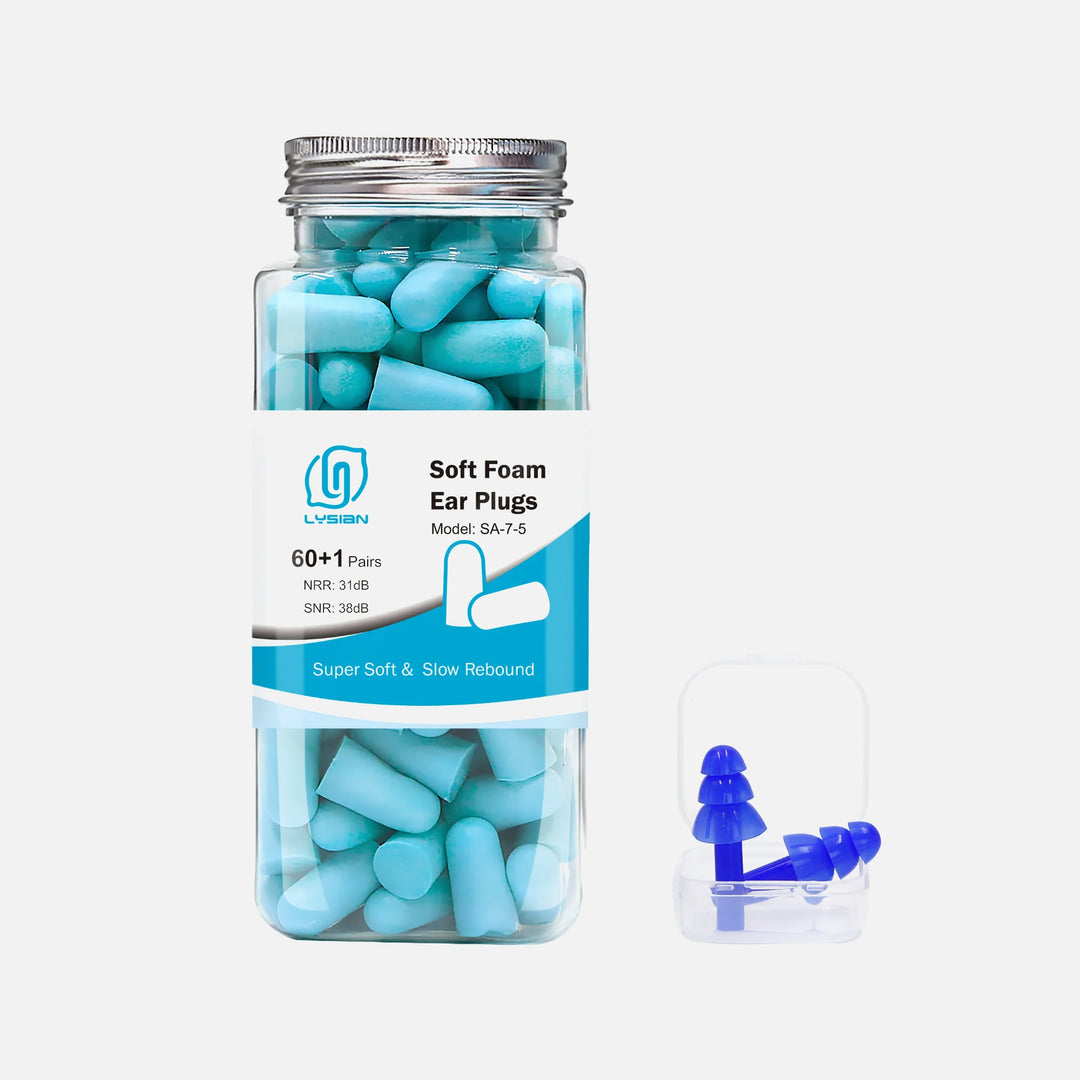 LYSIAN Ultra Soft Foam Earplugs in blue, 60+1 pairs jar with slow-rebound foam and included blue silicone earplugs shown