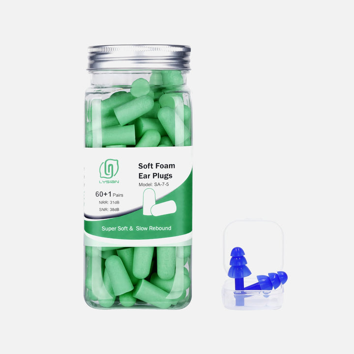 LYSIAN Ultra Soft Foam Earplugs in green, 60+1 pairs jar with slow-rebound foam and included blue silicone earplugs shown
