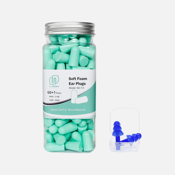 LYSIAN Ultra Soft Foam Earplugs in mint green, 60+1 pairs jar with slow-rebound foam and included blue silicone earplugs shown