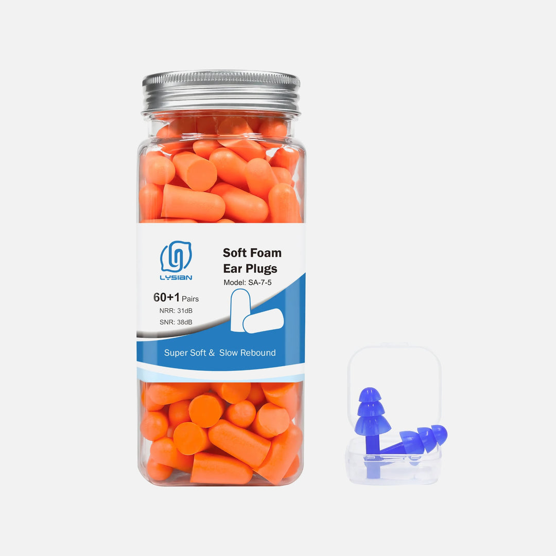 LYSIAN Ultra Soft Foam Earplugs in orange, 60+1 pairs jar with slow-rebound foam and included blue silicone earplugs shown
