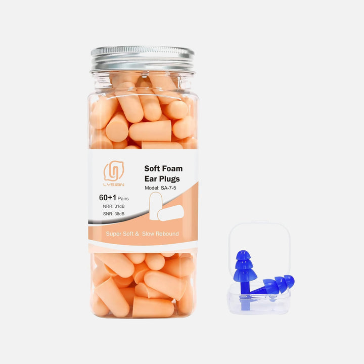 LYSIAN Ultra Soft Foam Earplugs in peach, 60+1 pairs jar with slow-rebound foam and included blue silicone earplugs shown