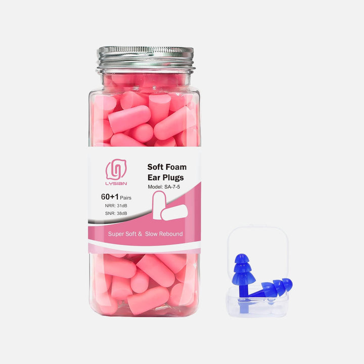 LYSIAN Ultra Soft Foam Earplugs in pink, 60+1 pairs jar with slow-rebound foam and included blue silicone earplugs shown