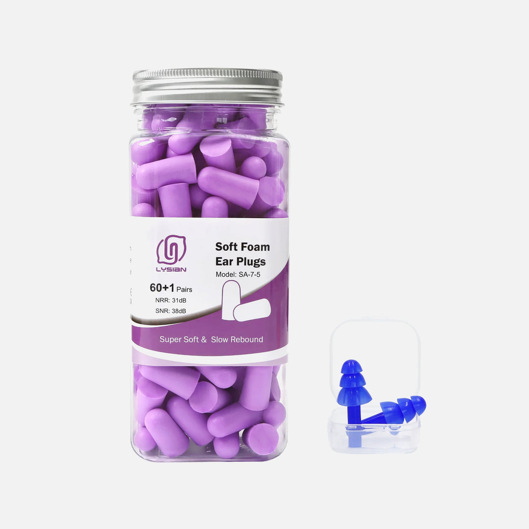 LYSIAN Ultra Soft Foam Earplugs in purple, 60+1 pairs jar with slow-rebound foam and included blue silicone earplugs shown
