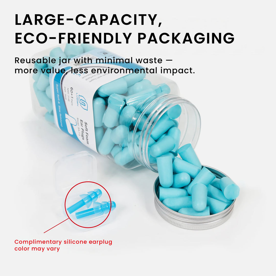 LYSIAN ultra soft foam earplugs in blue color, 60-pair large capacity jar with complimentary silicone earplugs