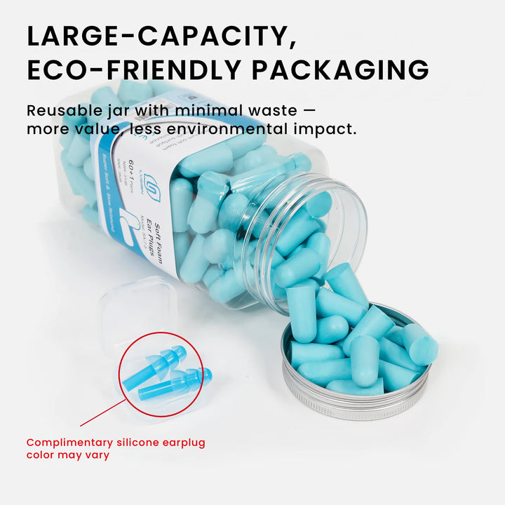 LYSIAN ultra soft foam earplugs in blue color, 60-pair large capacity jar with complimentary silicone earplugs