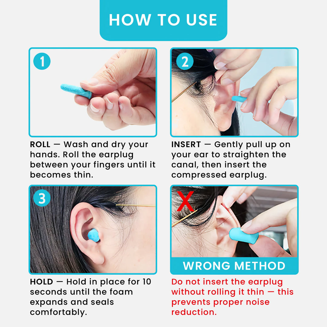 LYSIAN ultra-soft foam earplugs showing proper roll, insert, and hold steps for effective noise reduction