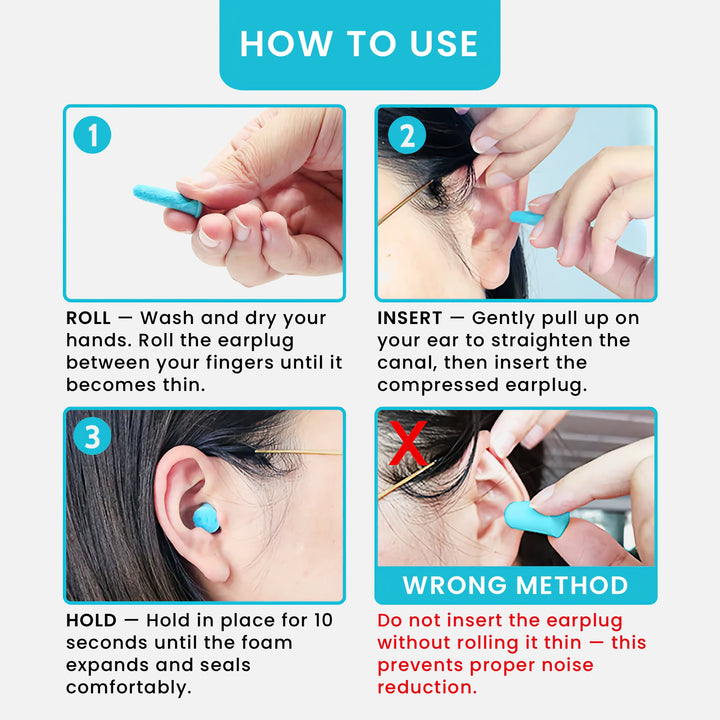 LYSIAN ultra-soft foam earplugs showing proper roll, insert, and hold steps for effective noise reduction