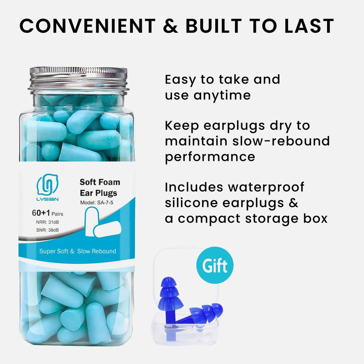 LYSIAN ultra-soft foam earplugs in blue with reusable jar, bonus silicone earplugs, and compact storage box
