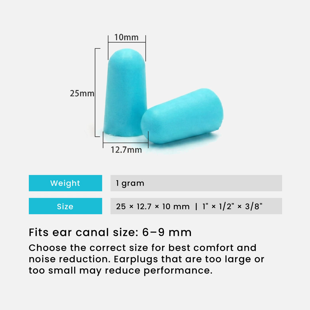LYSIAN ultra-soft foam earplugs in blue color showing size dimensions, lightweight 1g design, fits 6–9mm ear canals