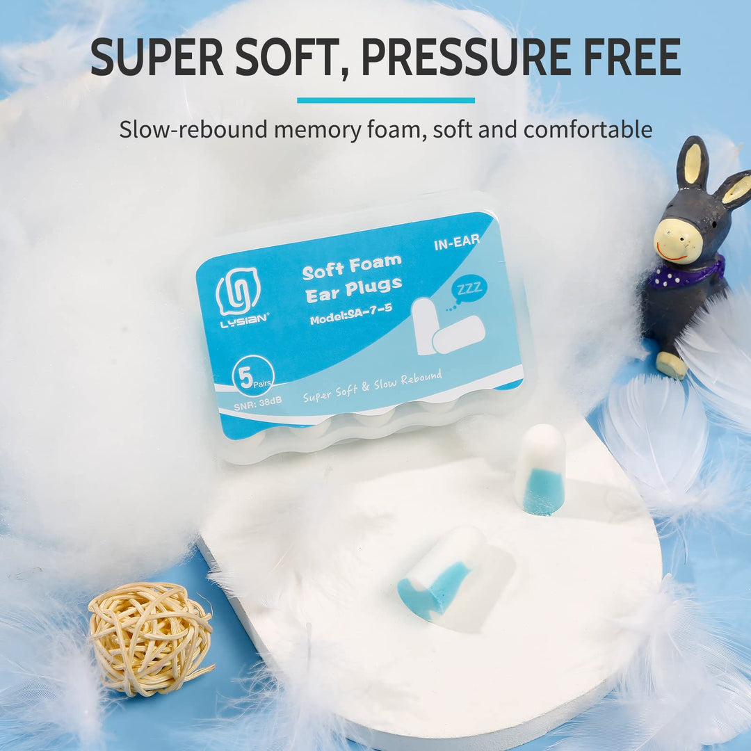 LYSIAN ultra soft foam earplugs blue white, pressure free comfort with slow rebound foam for sleep and daily use