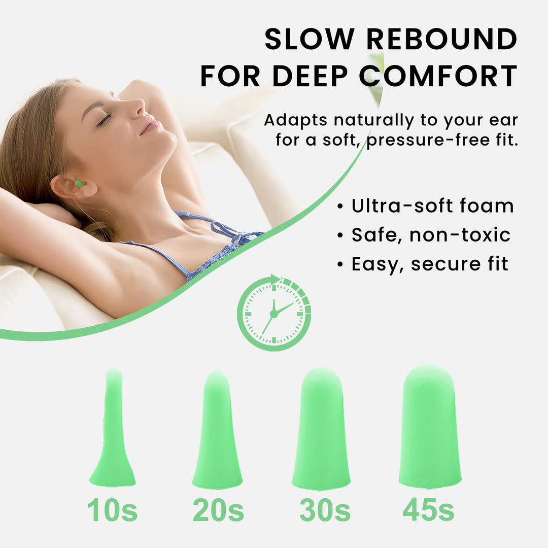LYSIAN ultra soft foam earplugs in green color with slow rebound foam, pressure-free fit for comfortable noise reduction