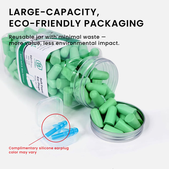 LYSIAN ultra soft foam earplugs in green color, 60-pair large capacity jar with complimentary silicone earplugs