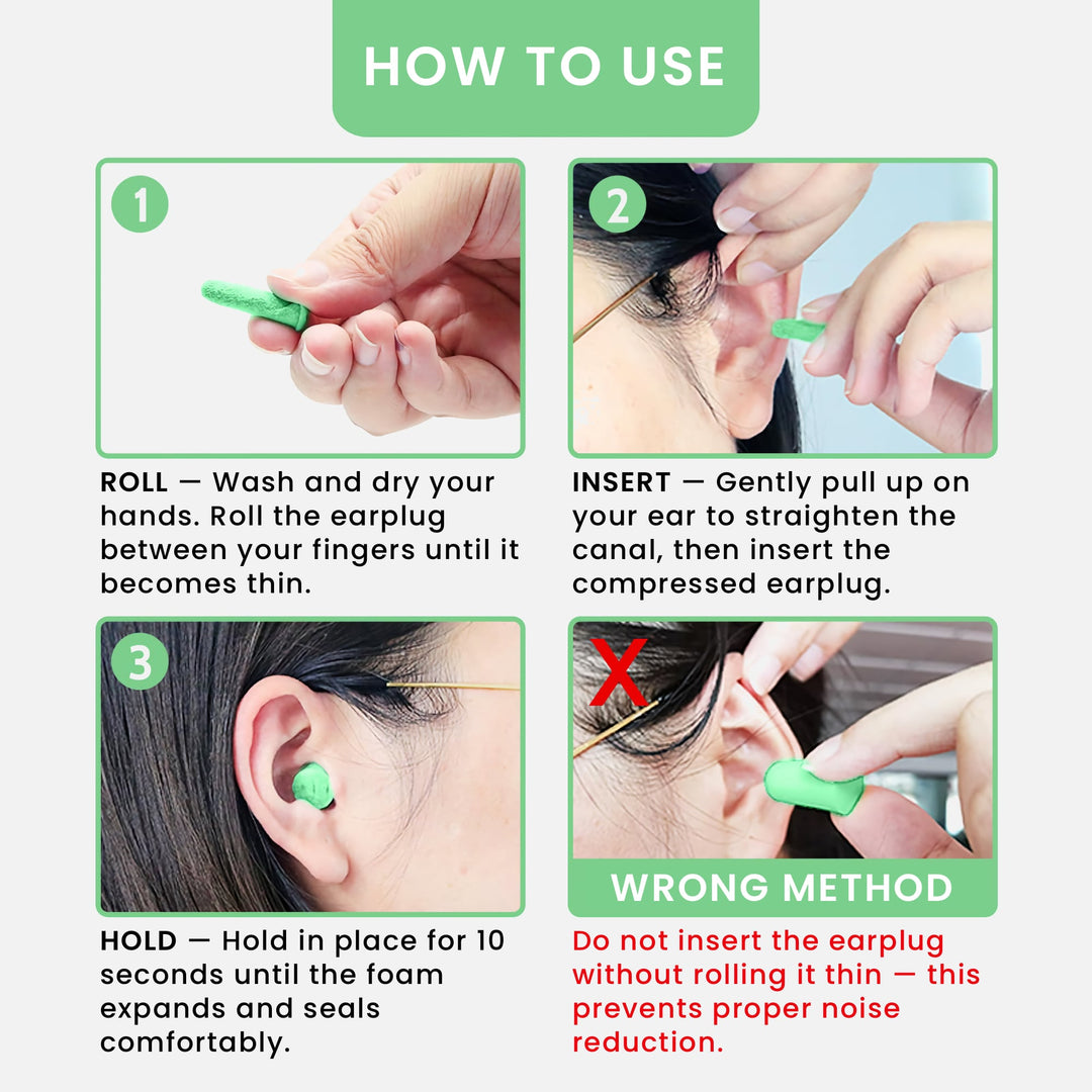 LYSIAN ultra-soft foam earplugs (green) showing proper roll, insert, and hold steps for effective noise reduction