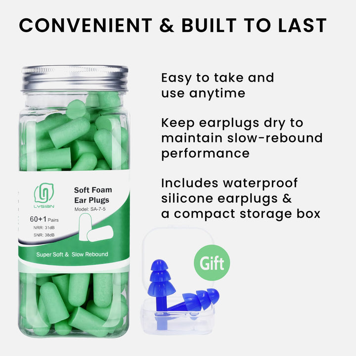 LYSIAN ultra-soft foam earplugs in green with reusable jar, bonus silicone earplugs, and compact storage box