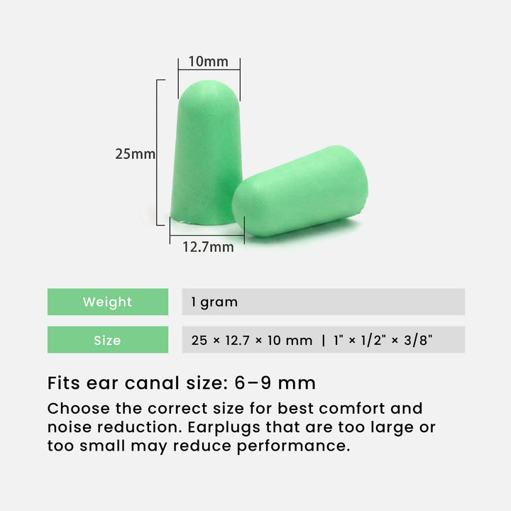 LYSIAN ultra-soft foam earplugs in green color showing size dimensions, lightweight 1g design, fits 6–9mm ear canals