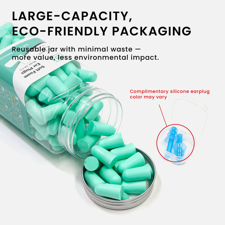 LYSIAN ultra soft foam earplugs, 60-pair large capacity jar with complimentary silicone earplugs