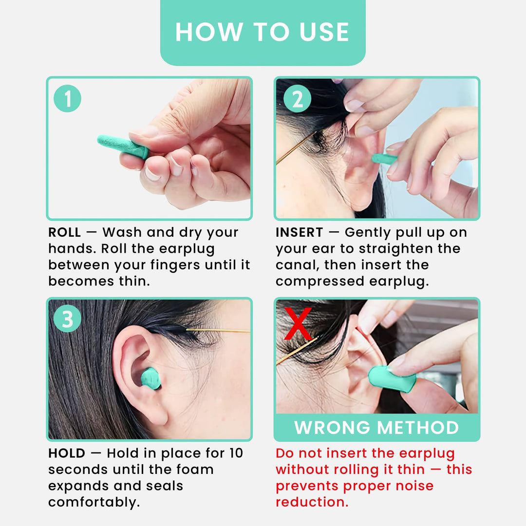 LYSIAN ultra-soft foam earplugs showing proper roll, insert, and hold steps for effective noise reduction