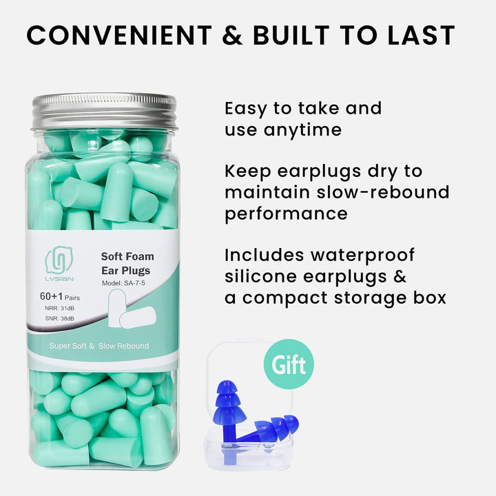 LYSIAN ultra-soft foam earplugs with reusable jar, bonus silicone earplugs, and compact storage box