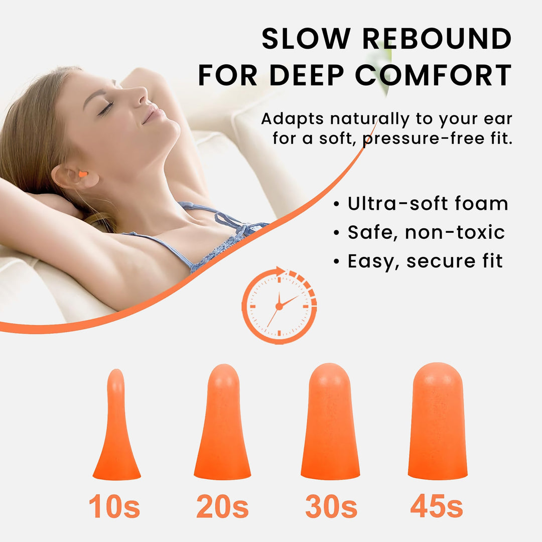 LYSIAN ultra soft foam earplugs in orange color with slow rebound foam, pressure-free fit for comfortable noise reduction