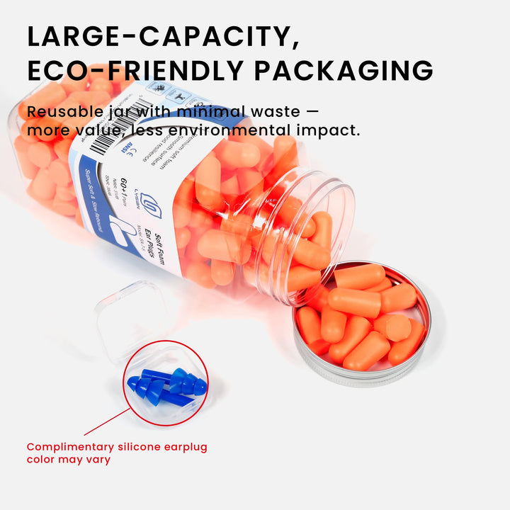 LYSIAN ultra soft foam earplugs in orange color, 60-pair large capacity jar with complimentary silicone earplugs
