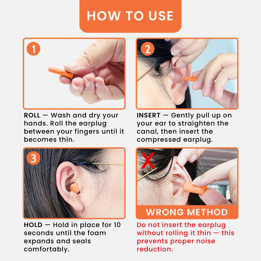 LYSIAN ultra-soft foam earplugs showing proper roll, insert, and hold steps for effective noise reduction