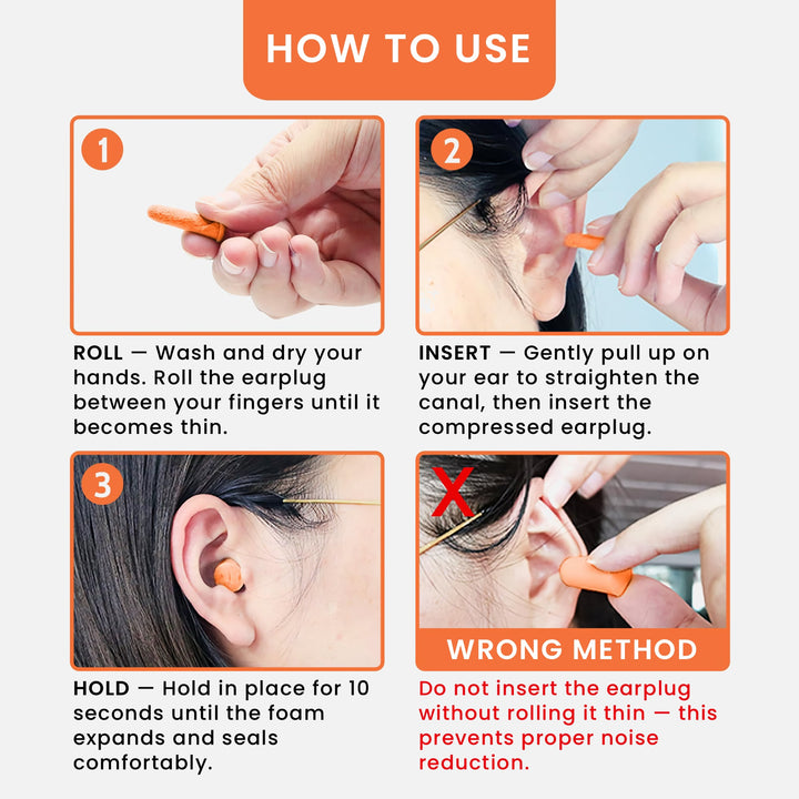 LYSIAN ultra-soft foam earplugs showing proper roll, insert, and hold steps for effective noise reduction