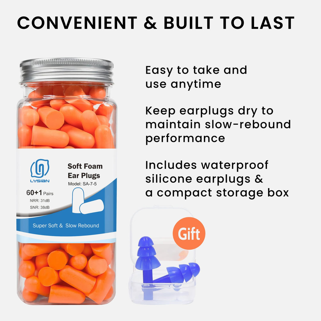 LYSIAN ultra-soft foam earplugs in orange with reusable jar, bonus silicone earplugs, and compact storage box