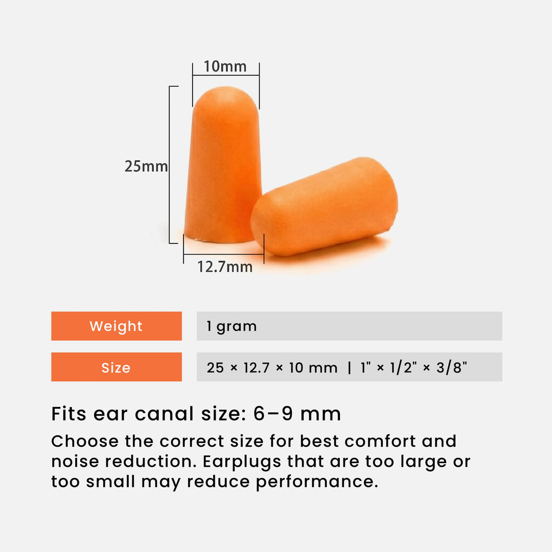 LYSIAN ultra-soft foam earplugs in orange color showing size dimensions, lightweight 1g design, fits 6–9mm ear canals