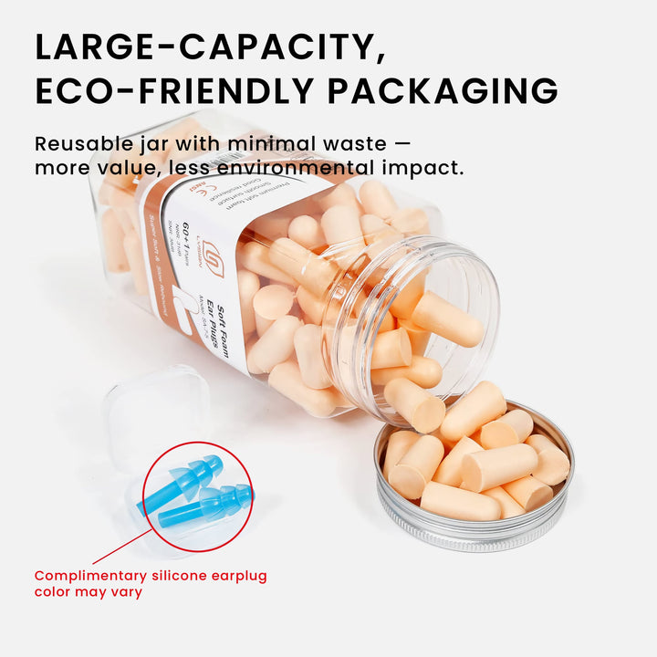 LYSIAN ultra soft foam earplugs in peach color, 60-pair large capacity jar with complimentary silicone earplugs