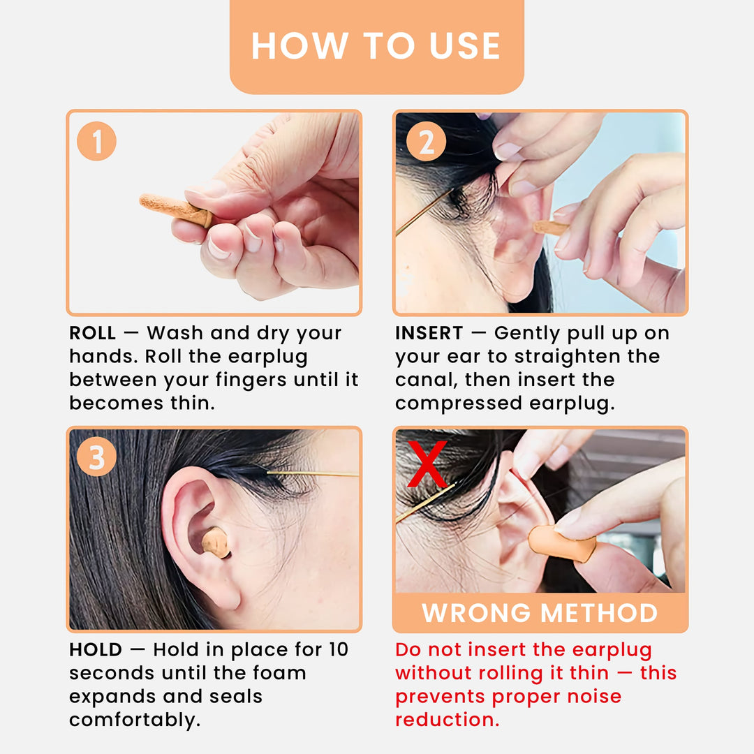 LYSIAN ultra-soft foam earplugs (peach) showing proper roll, insert, and hold steps for effective noise reduction