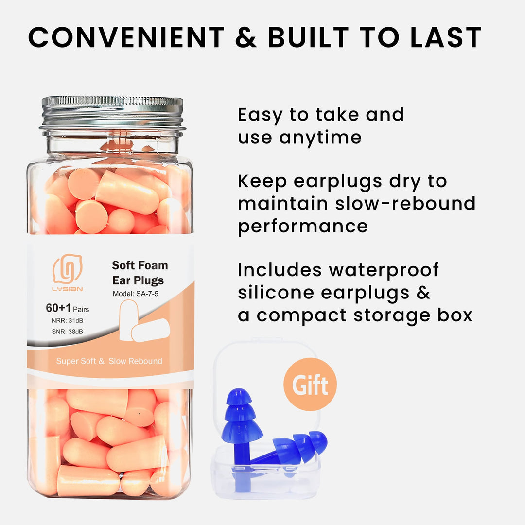 LYSIAN ultra-soft foam earplugs in peach with reusable jar, bonus silicone earplugs, and compact storage box