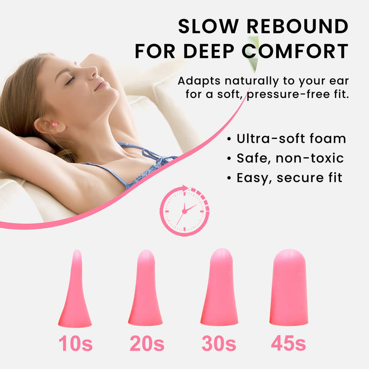 LYSIAN ultra soft foam earplugs in pink color with slow rebound foam, pressure-free fit for comfortable noise reduction