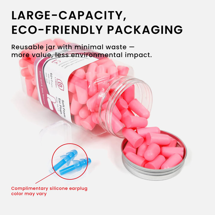 LYSIAN ultra soft foam earplugs in pink color, 60-pair large capacity jar with complimentary silicone earplugs