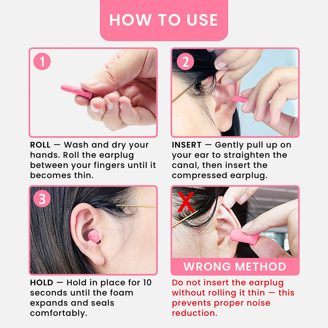 LYSIAN ultra-soft foam earplugs showing proper roll, insert, and hold steps for effective noise reduction