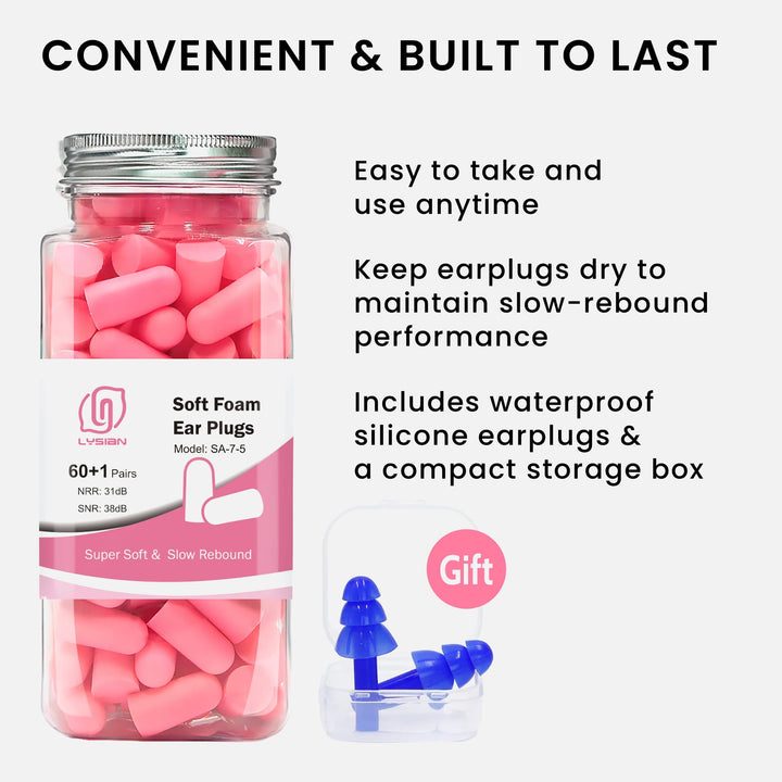 LYSIAN ultra-soft foam earplugs in pink with reusable jar, bonus silicone earplugs, and compact storage box