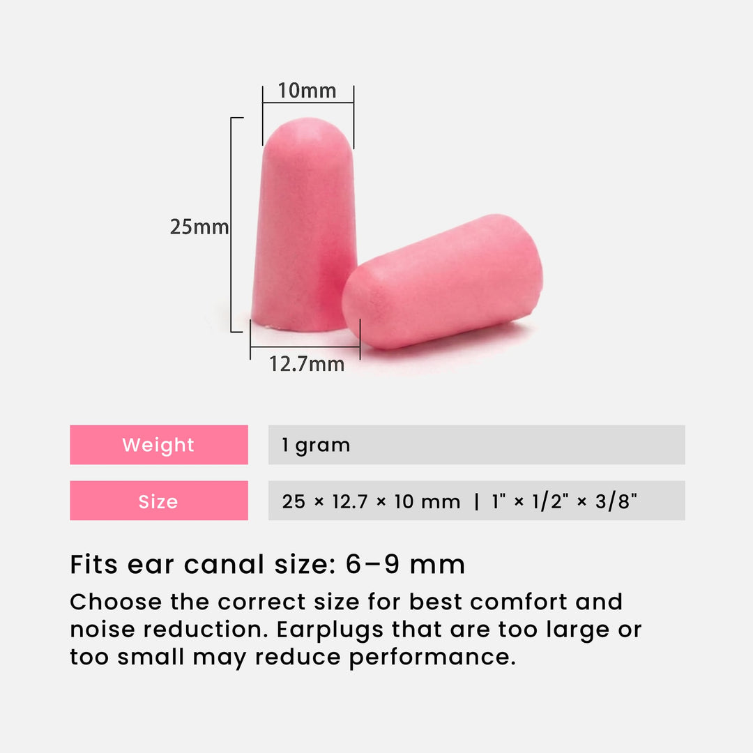 LYSIAN ultra-soft foam earplugs in pink color showing size dimensions, lightweight 1g design, fits 6–9mm ear canals