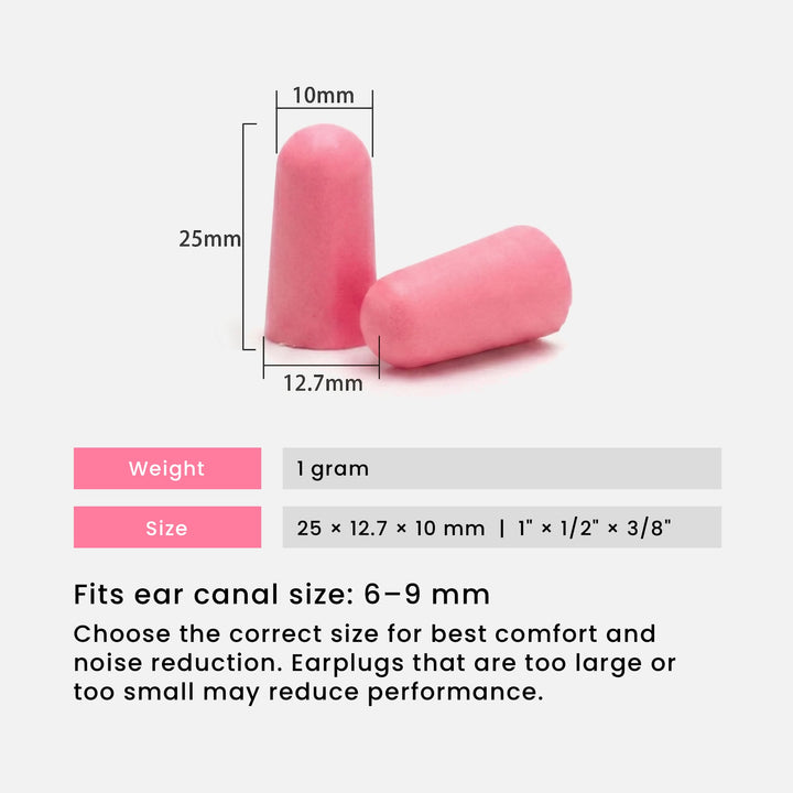 LYSIAN ultra-soft foam earplugs in pink color showing size dimensions, lightweight 1g design, fits 6–9mm ear canals