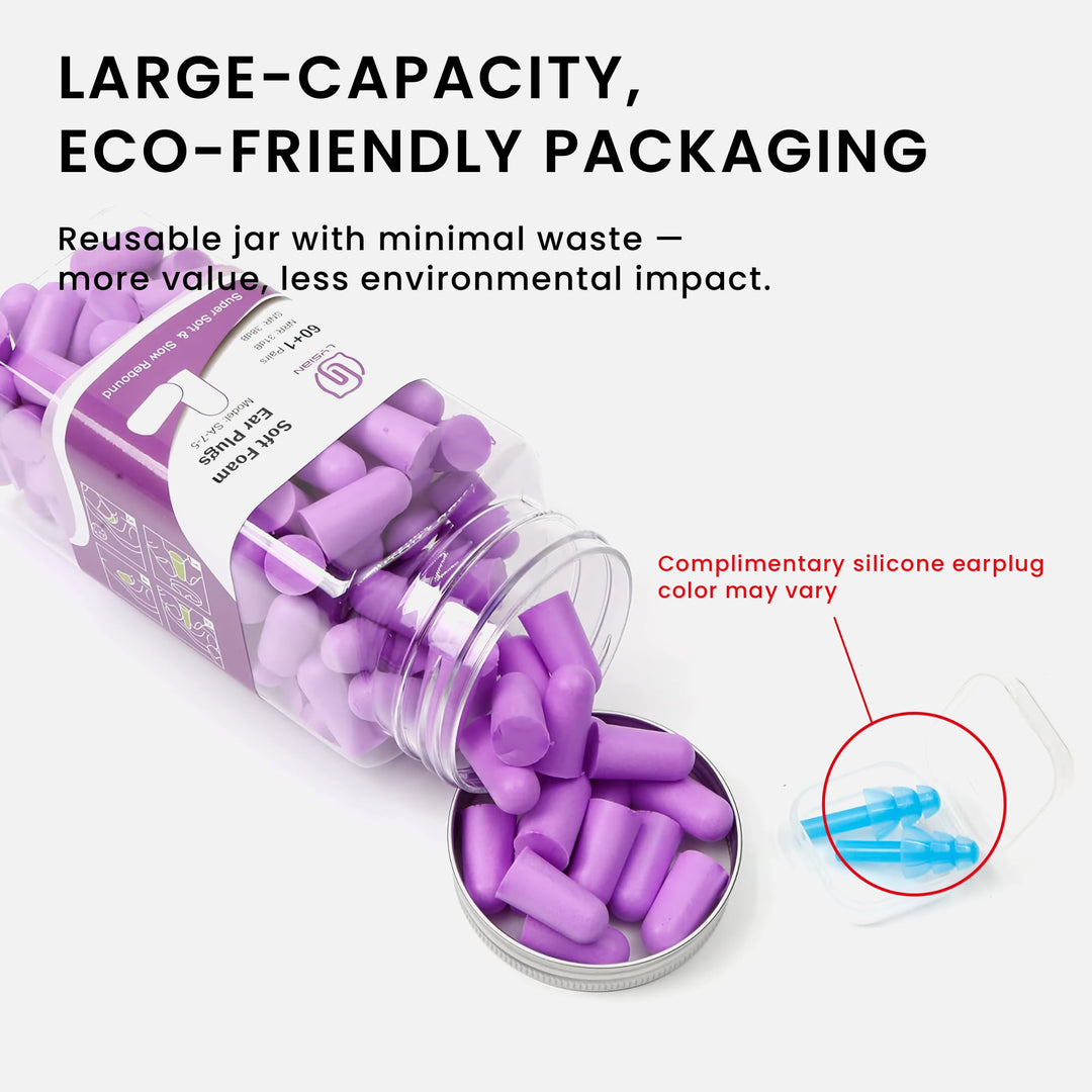 LYSIAN ultra soft foam earplugs in purple color, 60-pair large capacity jar with complimentary silicone earplugs