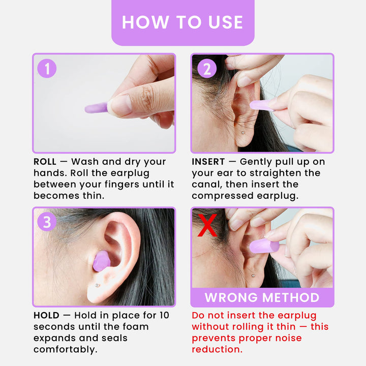 LYSIAN ultra-soft foam earplugs showing proper roll, insert, and hold steps for effective noise reduction