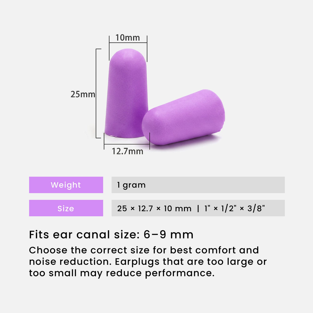 LYSIAN ultra-soft foam earplugs showing size dimensions, lightweight 1g design, fits 6–9mm ear canals